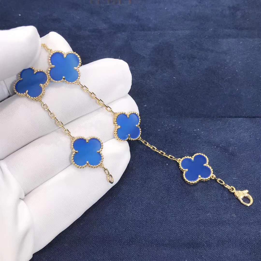 van Cleef & Arpels Jahrgang Alhambra Armband blau Achat 5 Motive 18k Gelbgold VCARP34900