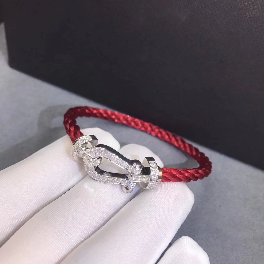 Fred Force 10 Bracelet 18kt White Gold with Pave Diamonds and Red Textile Cable